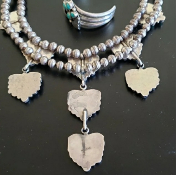 Vintage Turquoise Sterling Silver Pearls Necklace AND Cuff 123 grams Signed - Picture 5 of 11